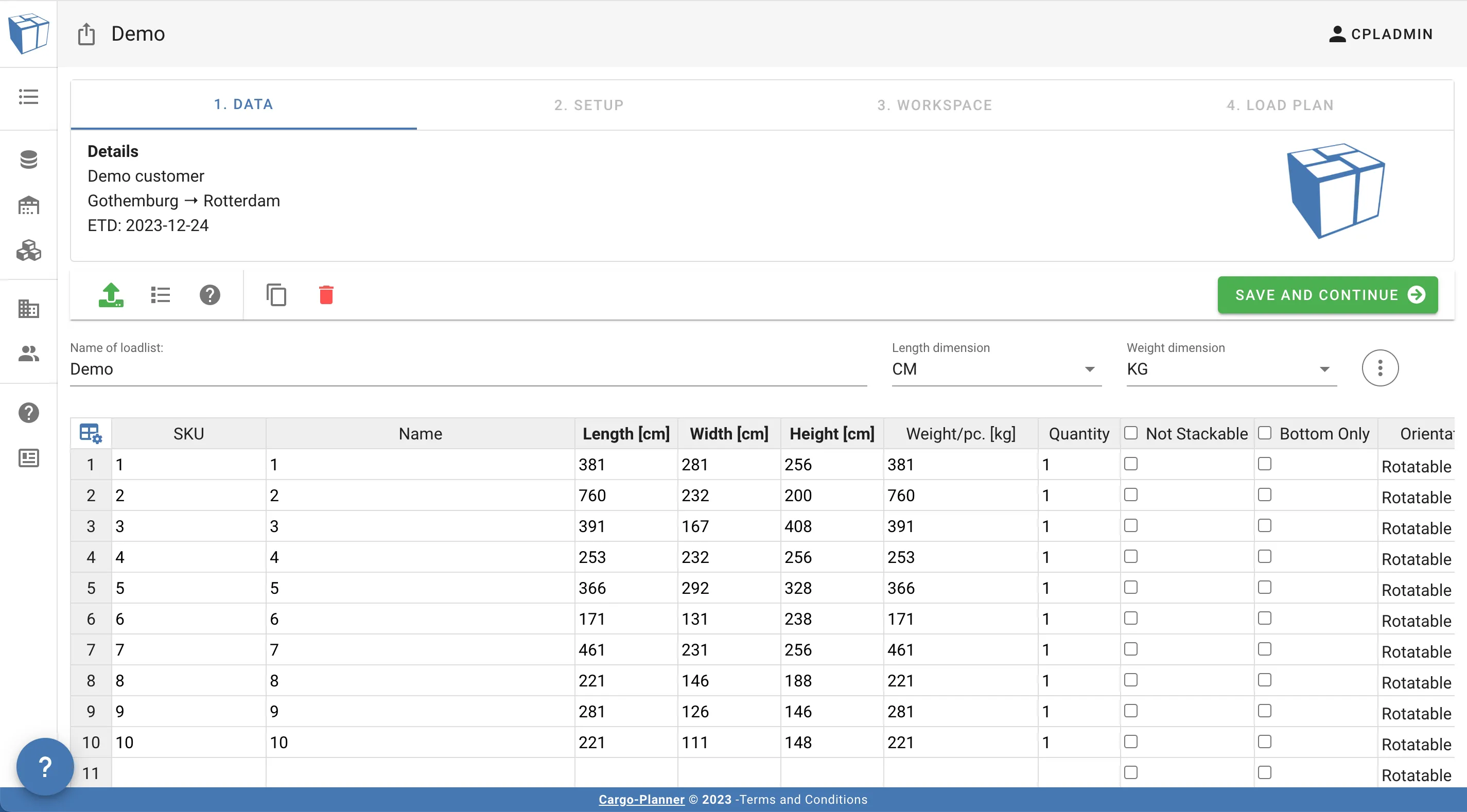 1. Data view with cargoes